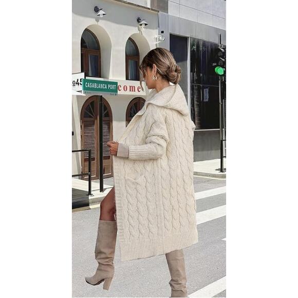 Hooded Long Cardigan Cable Knit Sweater Pocket Oversized Chunky SIZE SMALL - Picture 4 of 6